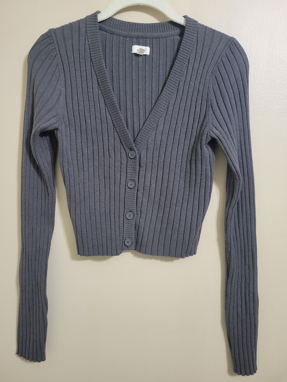 aerie Ribbed Button-Front Cropped V-Neck Cardigan in Charcoal Gray Size Small